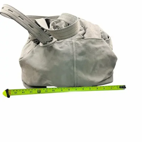 Ann Taylor LOFT Gray Leather Drawstring Shoulder Bag Tassel Slouchy Tote - Picture 11 of 13